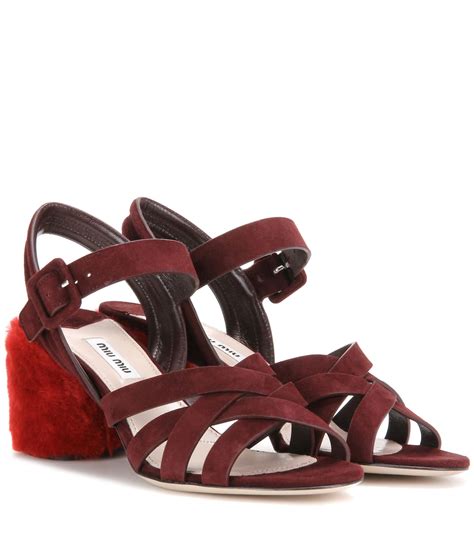 miu miu suede sandals with shearling-covered heel|miu mi u shoes.